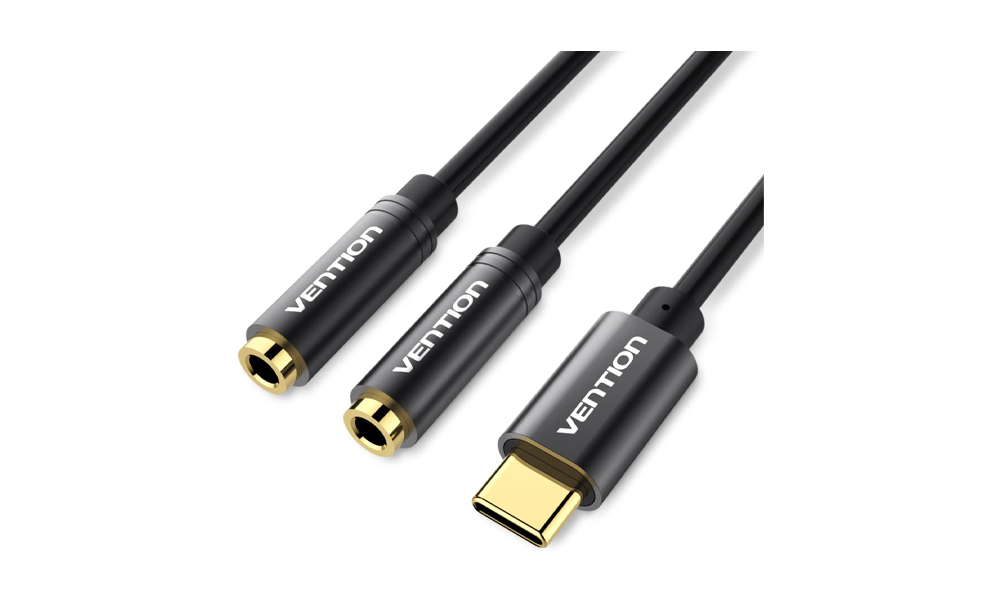 Vention Type-C to Dual 3.5mm Female Audio Cable | 0.3M Black Metal Type BGBBY