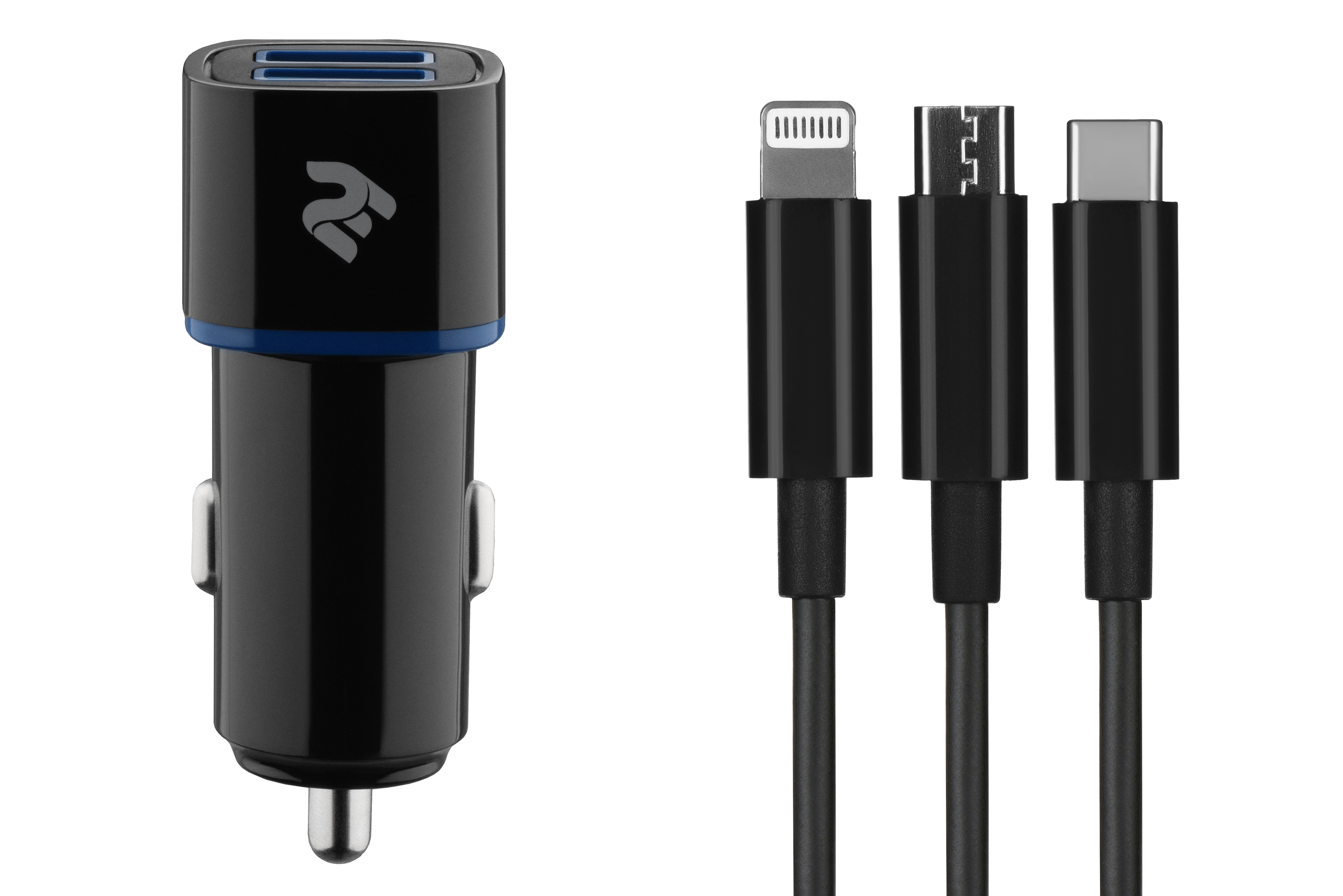 Car Charger dual USBx2.1A + Cable 3 in 1 (USB-Micro/Lightning/Type C) 2E-ACR01-C3IN1