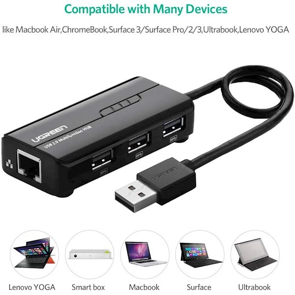 Ugreen 20264 USB 2.0 10/100Mbps USB to Lan + 3Port USB HUB Network Adapter