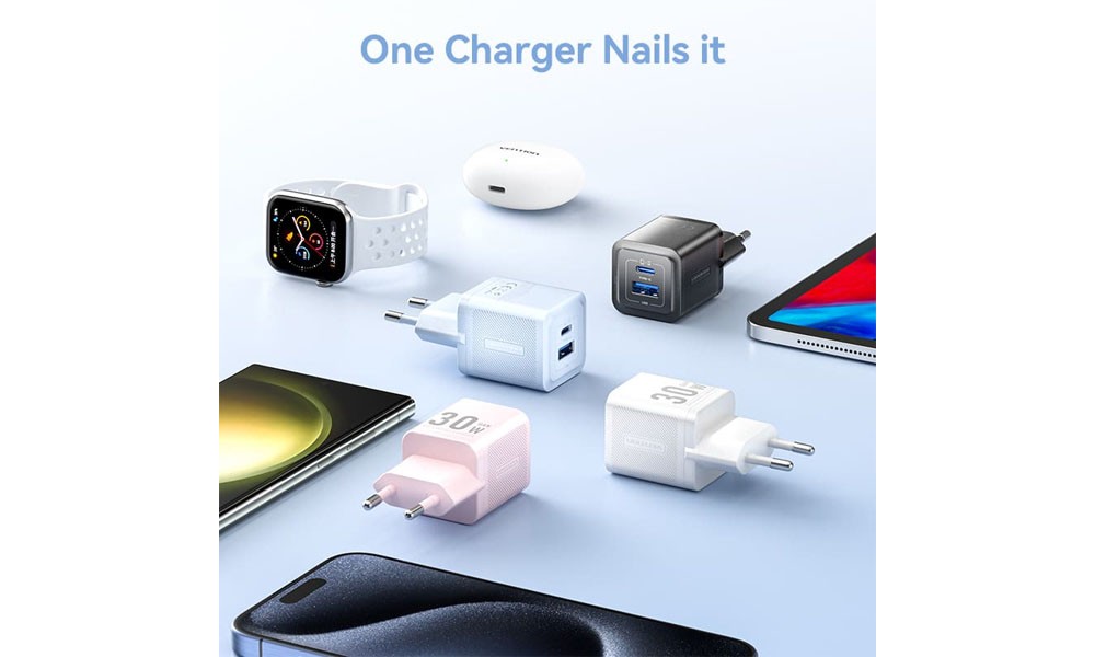 Vention FEQB0-EU 2-Port USB (C + A) GaN Charger (30W/30W) EU-Plug Black