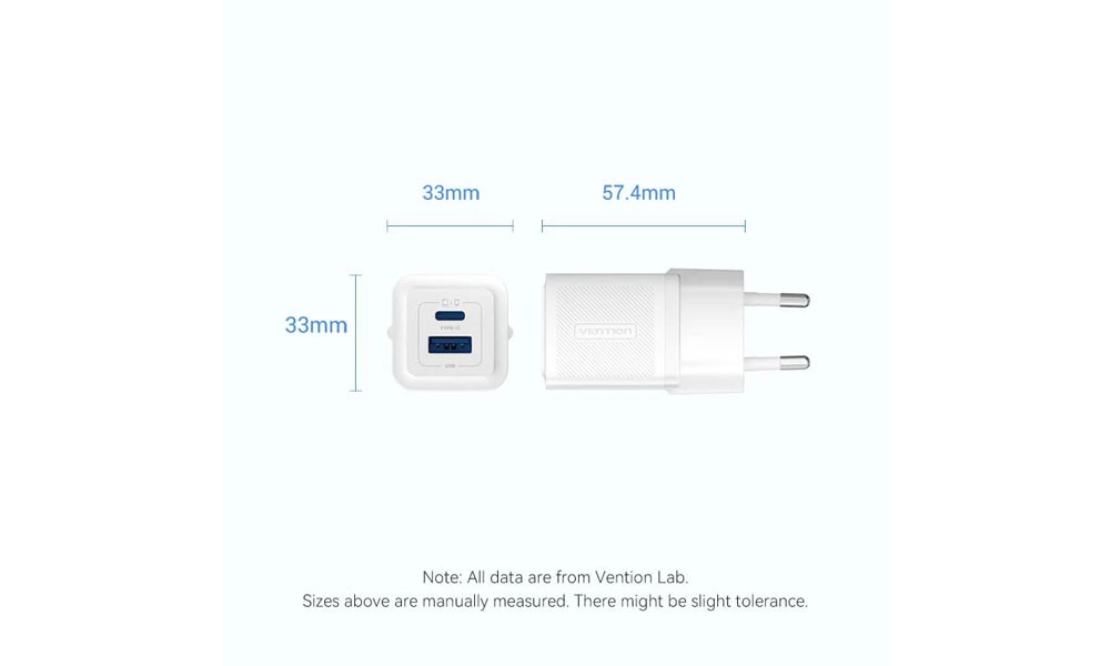 Vention FEQB0-EU 2-Port USB (C + A) GaN Charger (30W/30W) EU-Plug Black