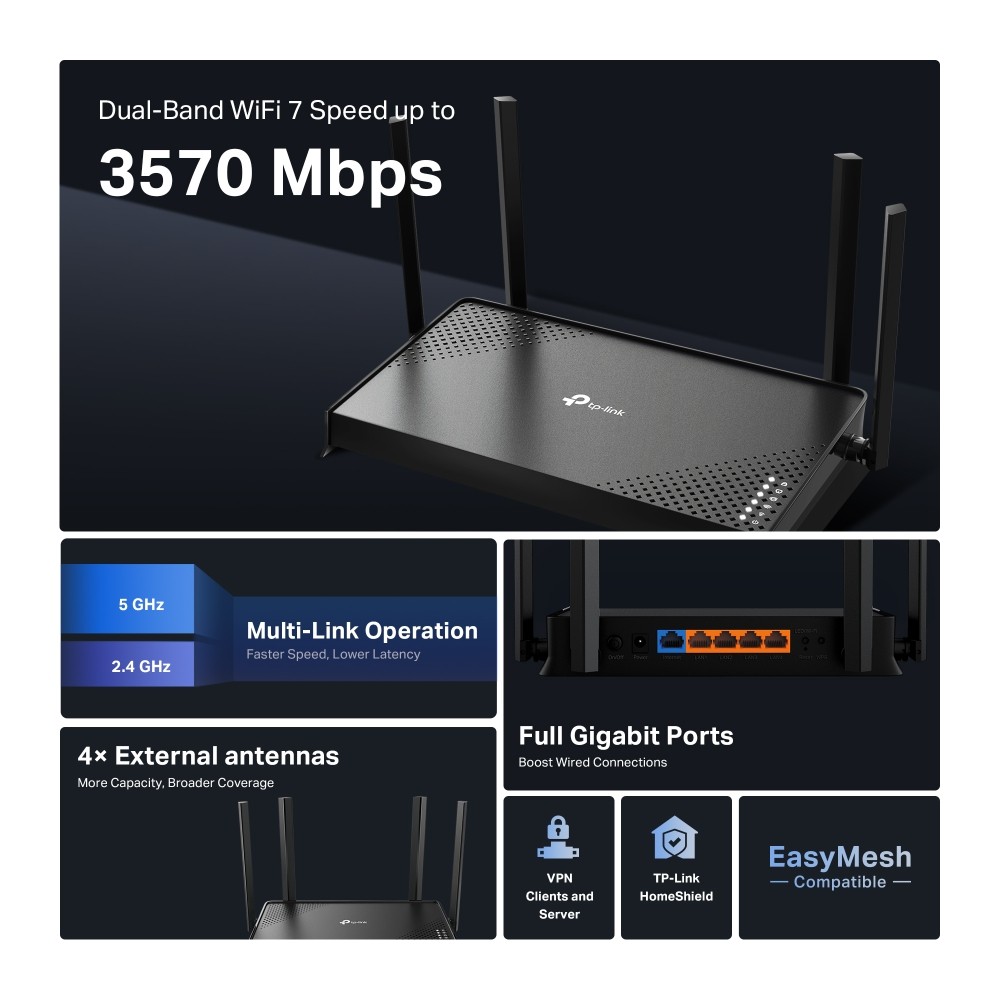 TP-link Archer BE220 BE3600 Dual-Band Wi-Fi 7 Router reliable connections. Gbps WAN Port4× 1 Gbps LAN Ports