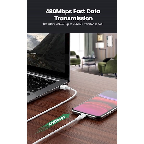 Ugreen 80822, MFi, USB-A Male to Lightning Male Cable Nickel Plating ABS Shell 1m (Black)