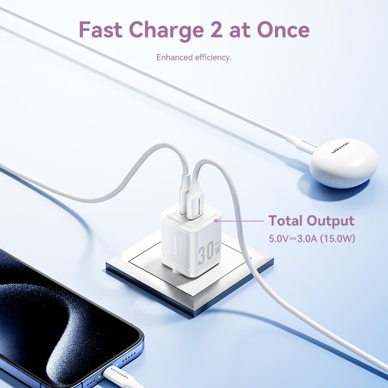 Vention FEQW0-EU 2-Port USB (C + A) GaN Charger (30W/30W) EU-Plug White