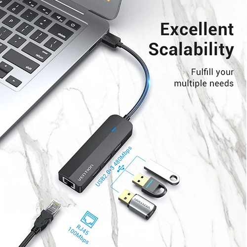Vention CHPBB 3-Port USB 2.0 Hub with 100M Ethernet Adapter 0.15M Black