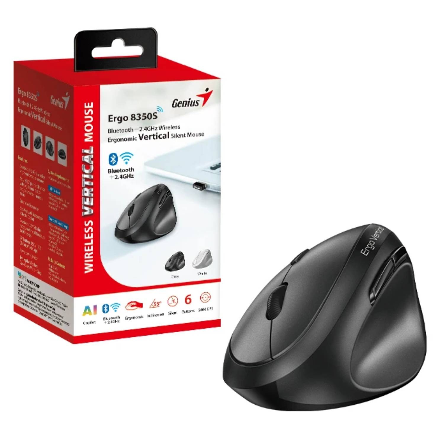 Genius Ergo 8350S,Dark Grey Bluetooth+2.4GHz Wireless Vertical Ergonomic Silent Mouse