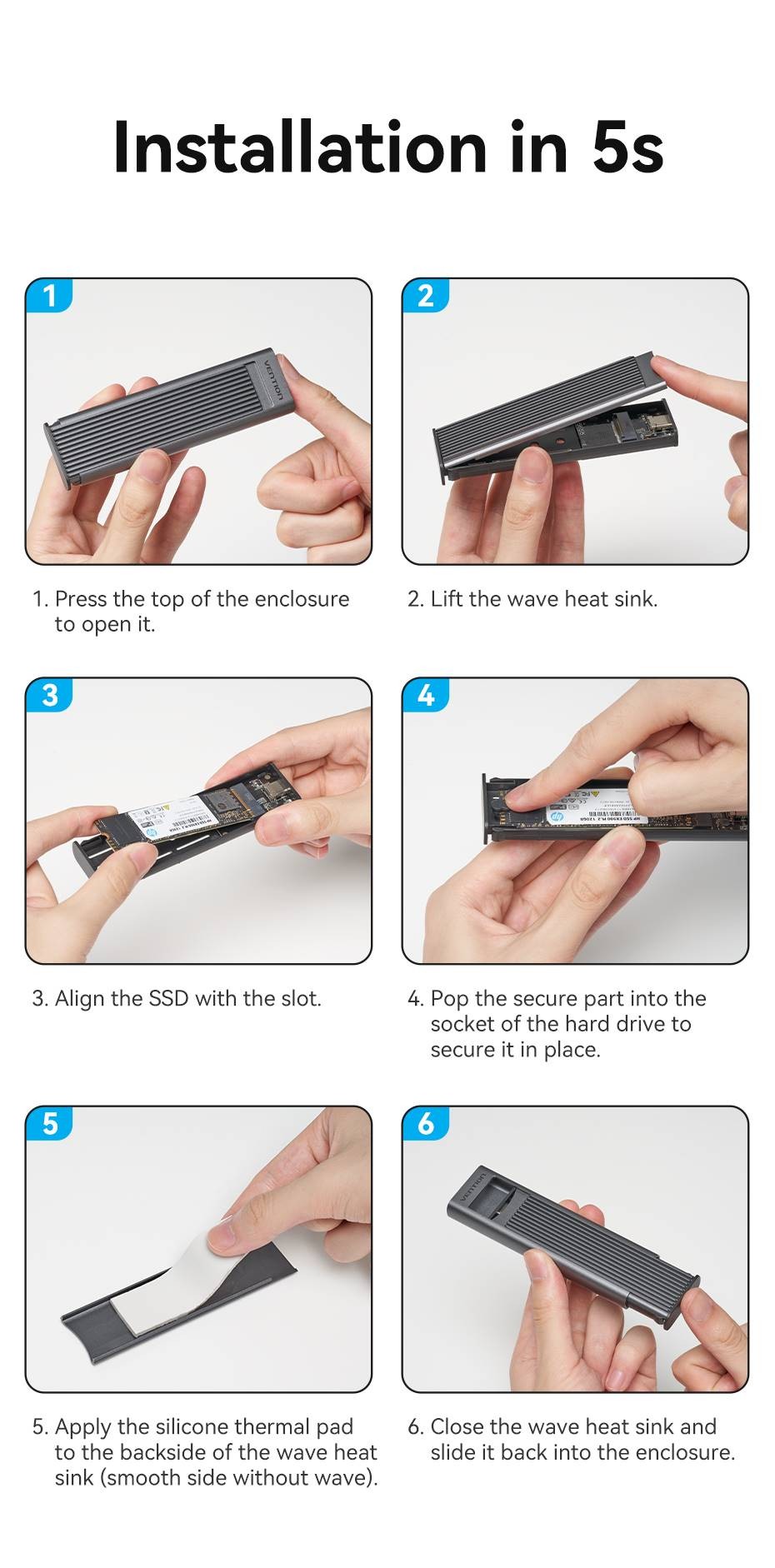 Vention KPKH0 M.2 NVMe SSD Enclosure (USB 3.1 Gen 2-C) with Heat Sink Gray Aluminum Alloy Type
