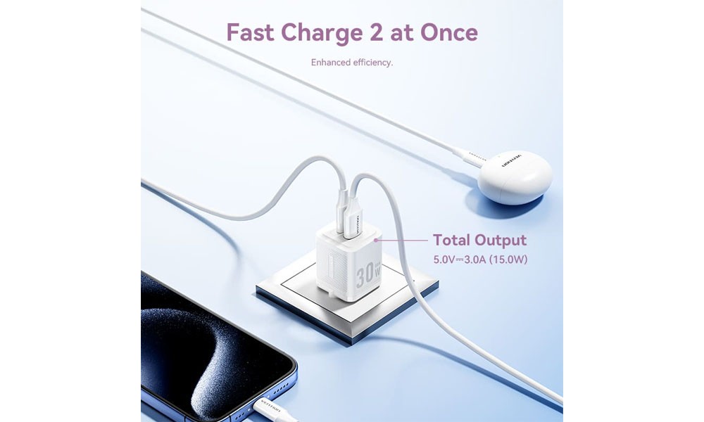 Vention FEQB0-EU 2-Port USB (C + A) GaN Charger (30W/30W) EU-Plug Black